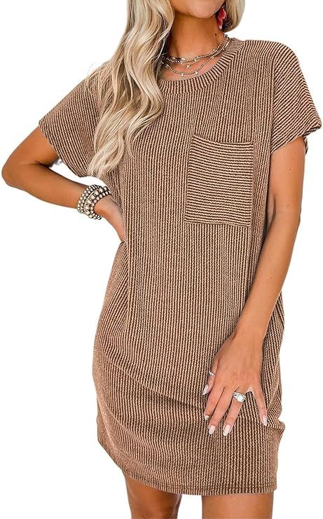 Acelitt Women Casual Summer Crewneck Short Sleeve Ribbed Mini Tshirt Dress,S-XXL | Amazon (US)