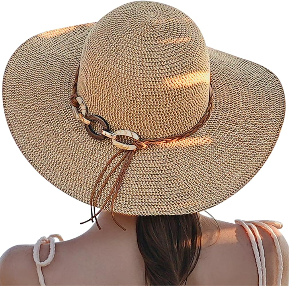 Beach Sun Hats for Women - Wide Brim Straw Womens Summer Hat with Wind Lanyard Roll Up, Foldable ... | Amazon (US)