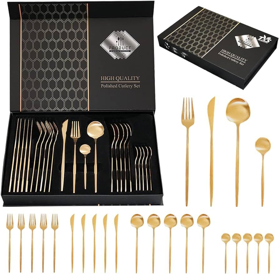 24-Piece Gold Silverware Set Gold Flatware Set for 6, Gold Spoons and Forks Set, Stainless Steel ... | Amazon (US)