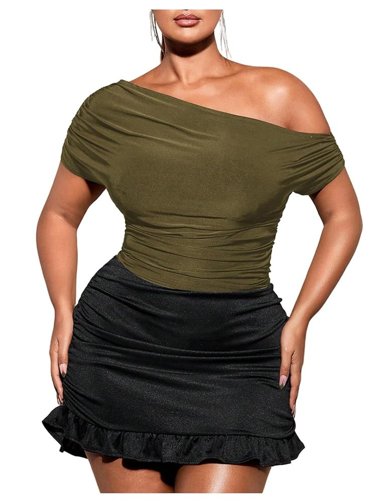 WDIRARA Women's Plus Size Off Shoulder Tee Shirt Ruched Asymmetrical Short Sleeve Tops | Amazon (US)