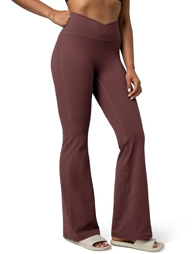 Colorfulkoala Women's Dreamlux Crossover Flare Leggings High Waisted Tummy Control Workout Wide Leg Bootcut Yoga Pants 31.5" Inseam (M, Plum Red) | Amazon (US)