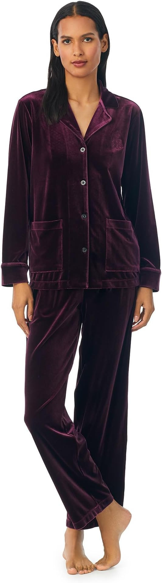 LAUREN Ralph Lauren Long Sleeve Velvet Notch Collar Long PJ Set | Amazon (US)