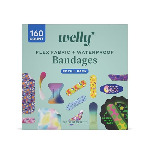 Welly Bandage Large Refill Pack | Adhesive Flexible Fabric, Glow-in-The-Dark & Waterproof Bandages | Assorted Shapes and Patterns for Minor Cuts, Scrapes, and Wounds - 160 Count | Amazon (US)
