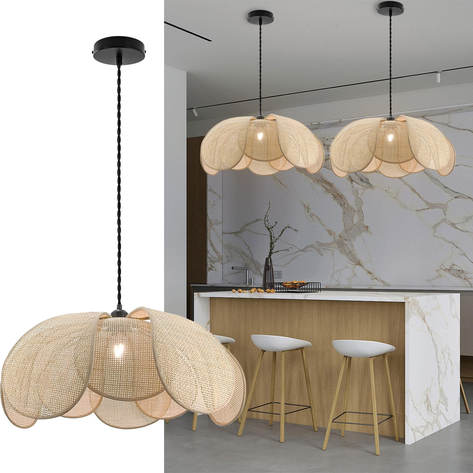 LMLAITE Boho Chandelier, Rustic Hemp Rope Pendant Light Hand-Woven Rattan Cage Basket Hanging Lam... | Amazon (US)