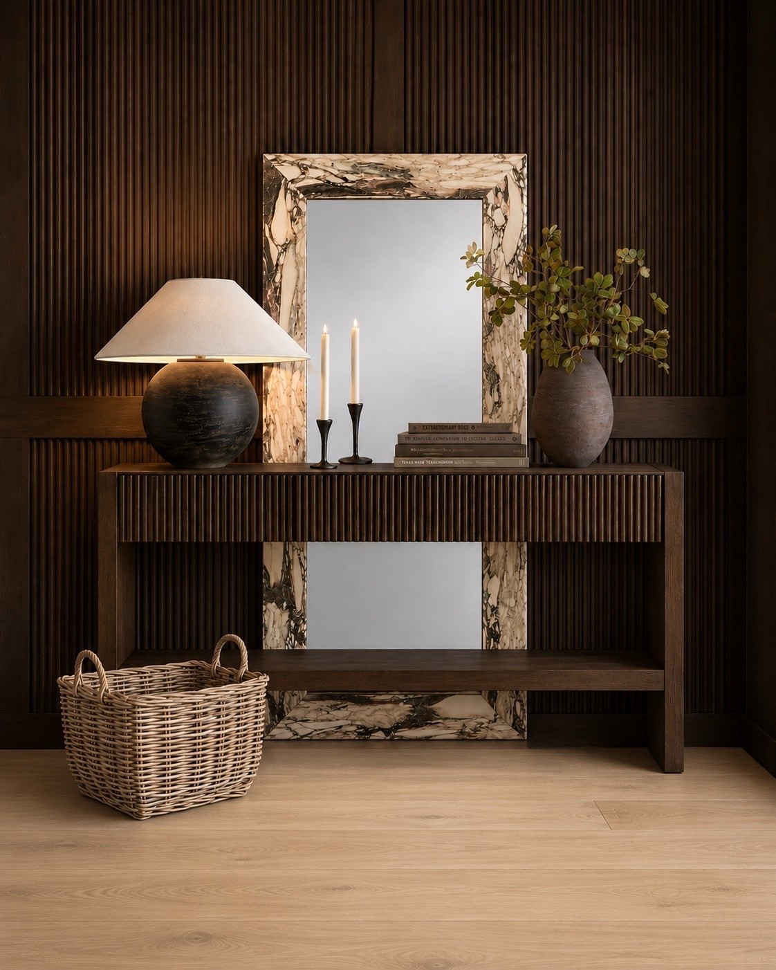 Warm, moody, cozy, earthy, and inviting! I love this entryway inspiration. The fluted walls paired with the fluted table and this gorgeous marble mirror is overall so gorgeous 😍

#LTKHome