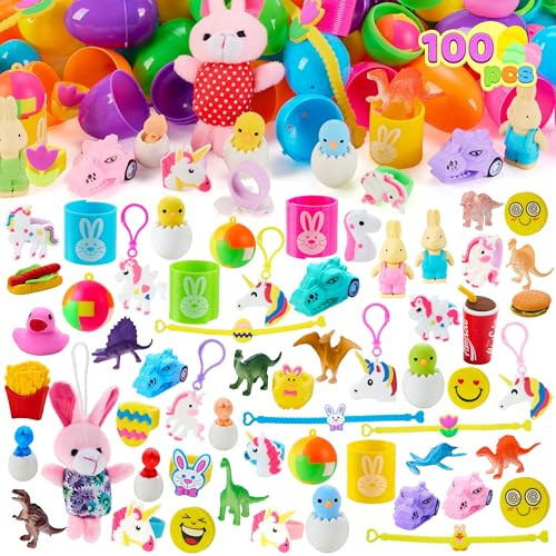 JOYIN 100 Pcs Prefilled Easter Eggs with Toys Plus Stickers, Filled with Toys Party Favors for Kids Boys Girls Easter Eggs Hunt, Basket Stuffers Fillers, Classroom Prize Supplies | Amazon (US)