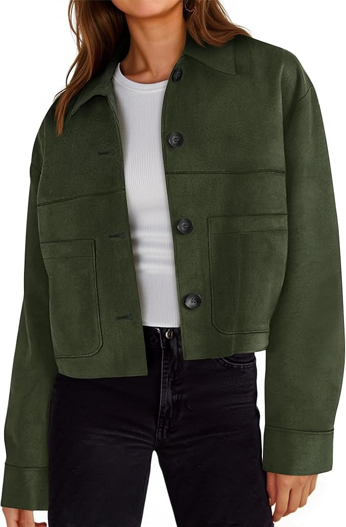 Tankaneo Womens Cropped Faux Suede Leather Jackets Lapel Collar Button Down Short Coats Fall Wint... | Amazon (US)