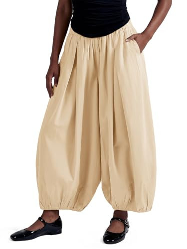 Fisoew Womens Wide Leg Balloon Pants Casual Barrel Elastic Waist Pleated Baggy Workout Sweat Pants with Pockets Beige | Amazon (US)