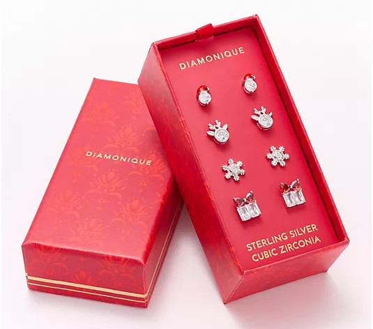 Diamonique x Erin Moseley Set of 4 Holiday Studs with Box, Sterl - QVC.com | QVC