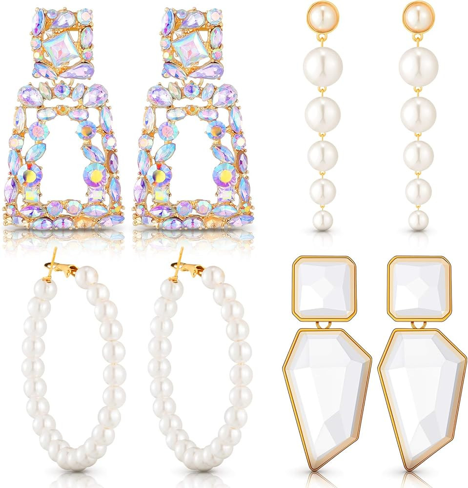 4 Pairs Rhinestone Rectangle Dangle Earrings Boho Faux Pearl Hoop Long Drop Earrings Acrylic Geometr | Amazon (US)