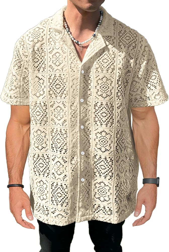Mens Lace Sheer Button Down Shirt Floral Meshed Short Sleeves Knit Shirts Tee Top Openwork Beach ... | Amazon (US)
