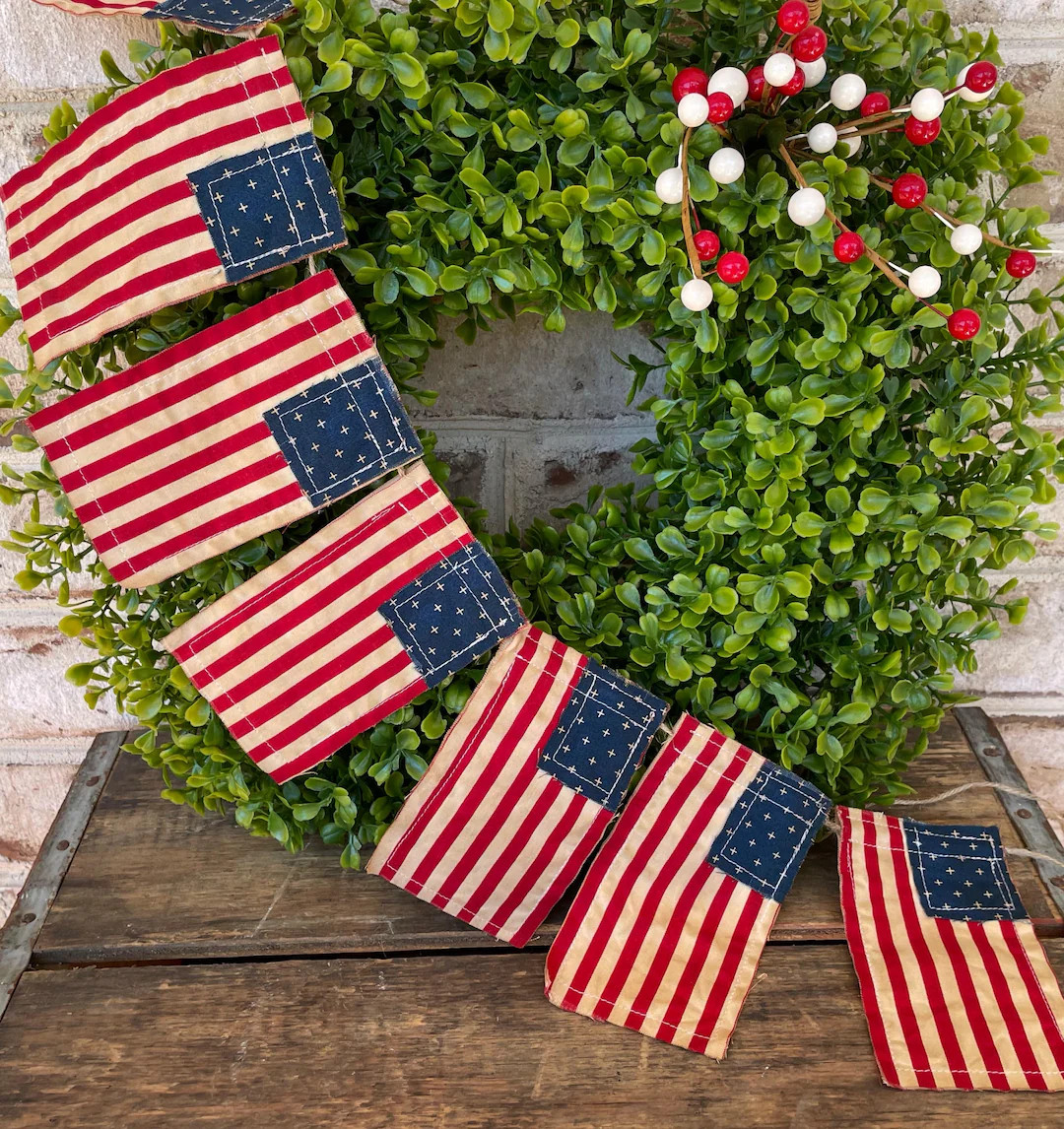 American Flag Garland, Vintage American Flag Banner, Primitive Americana Flag, Americana Decor, P... | Etsy (Global)