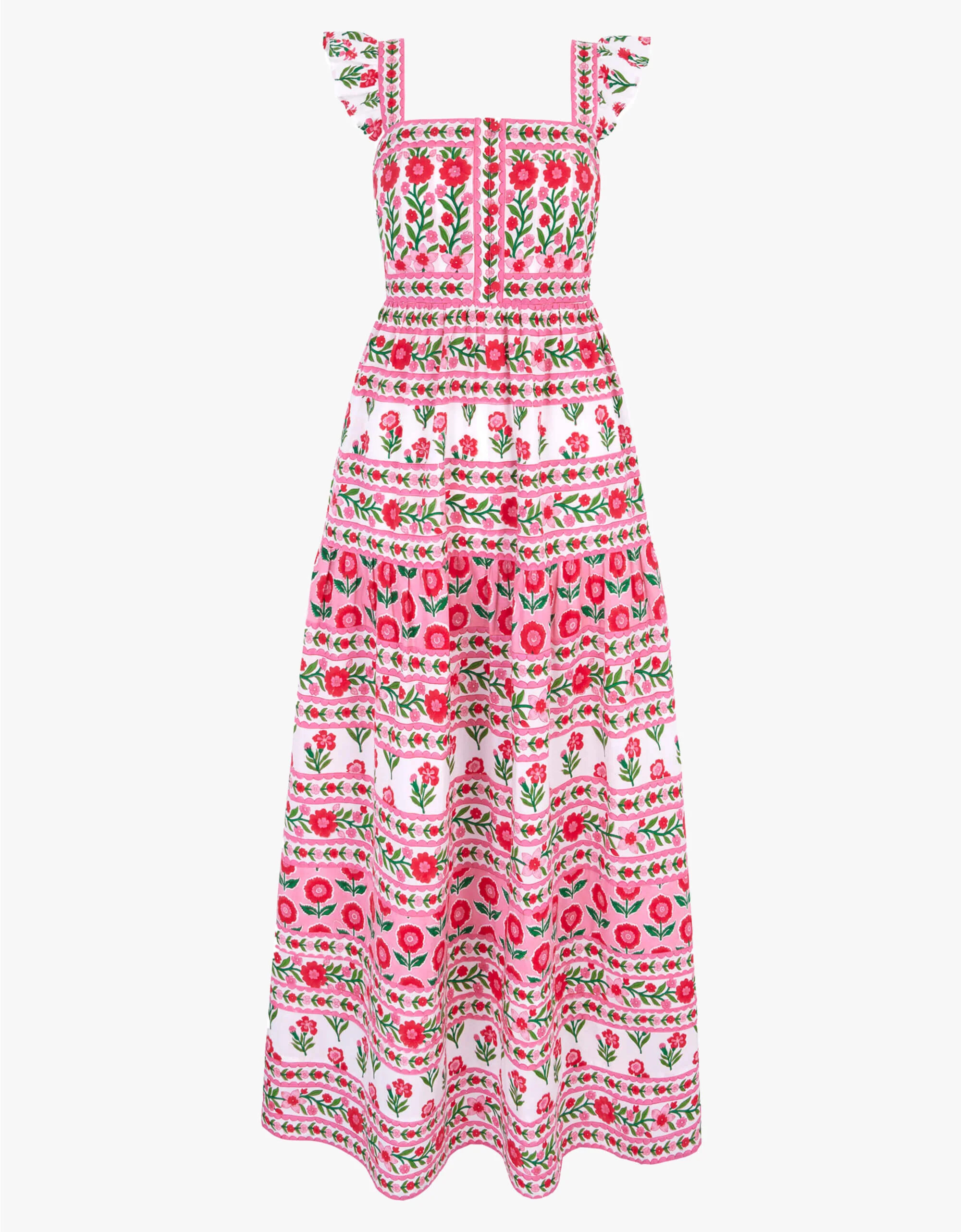 Lucia Dress | Pink, Red, White Floral Maxi | Block Print Cotton | Pink City Prints UK