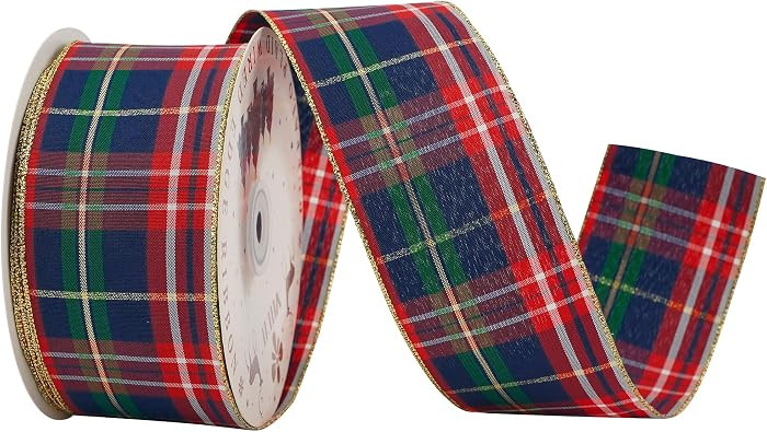 Tartan Plaid Wired Ribbon 2-1/2" Wide with 25 Yards Red Crimson & Navy Blue Scottish Plaid with Metallic Threads Ribbon for Christmas Tree, Wreaths, Bows, Gift Wrap, Weddings, Holiday Crafts | Amazon (US)