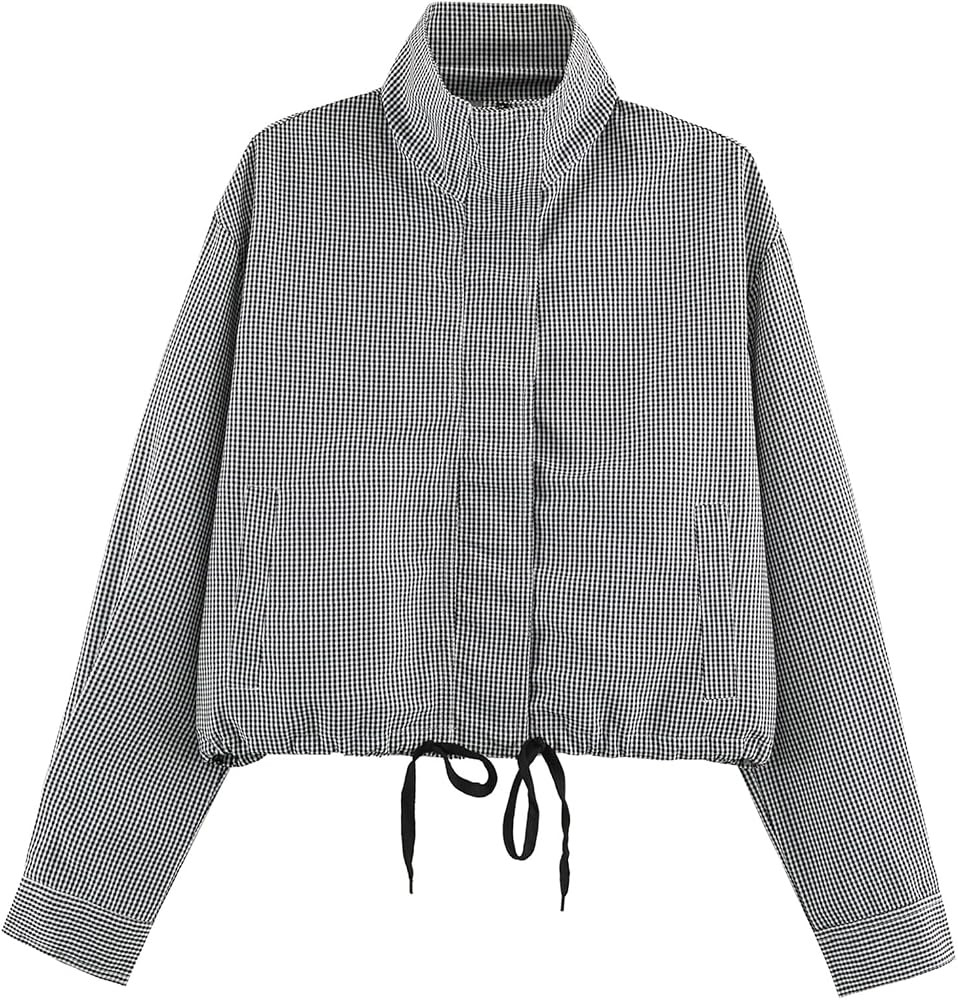 Womens Gingham Jacket Zip Up Stand Collar Cropped Jackets Vintage 2026 Fall Lightweight Trendy Ca... | Amazon (US)