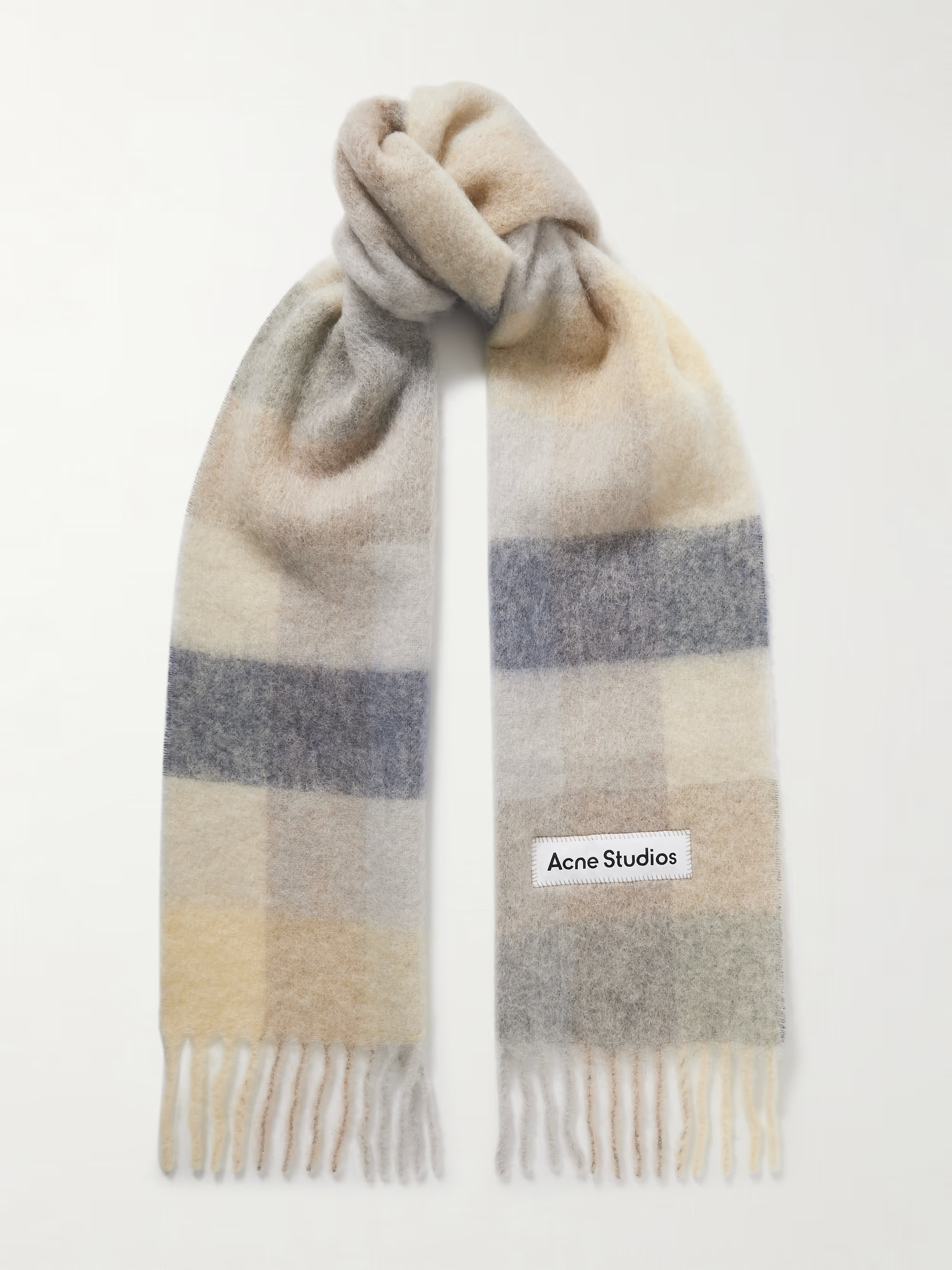 ACNE STUDIOS Appliquéd fringed checked brushed-knit scarf | NET-A-PORTER | NET-A-PORTER (US)