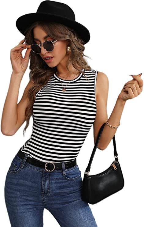 SOLY HUX Women's Casual Striped Sleeveless Round Neck Tank Top Ribbed Knit Fitted Summer Tee T Sh... | Amazon (US)