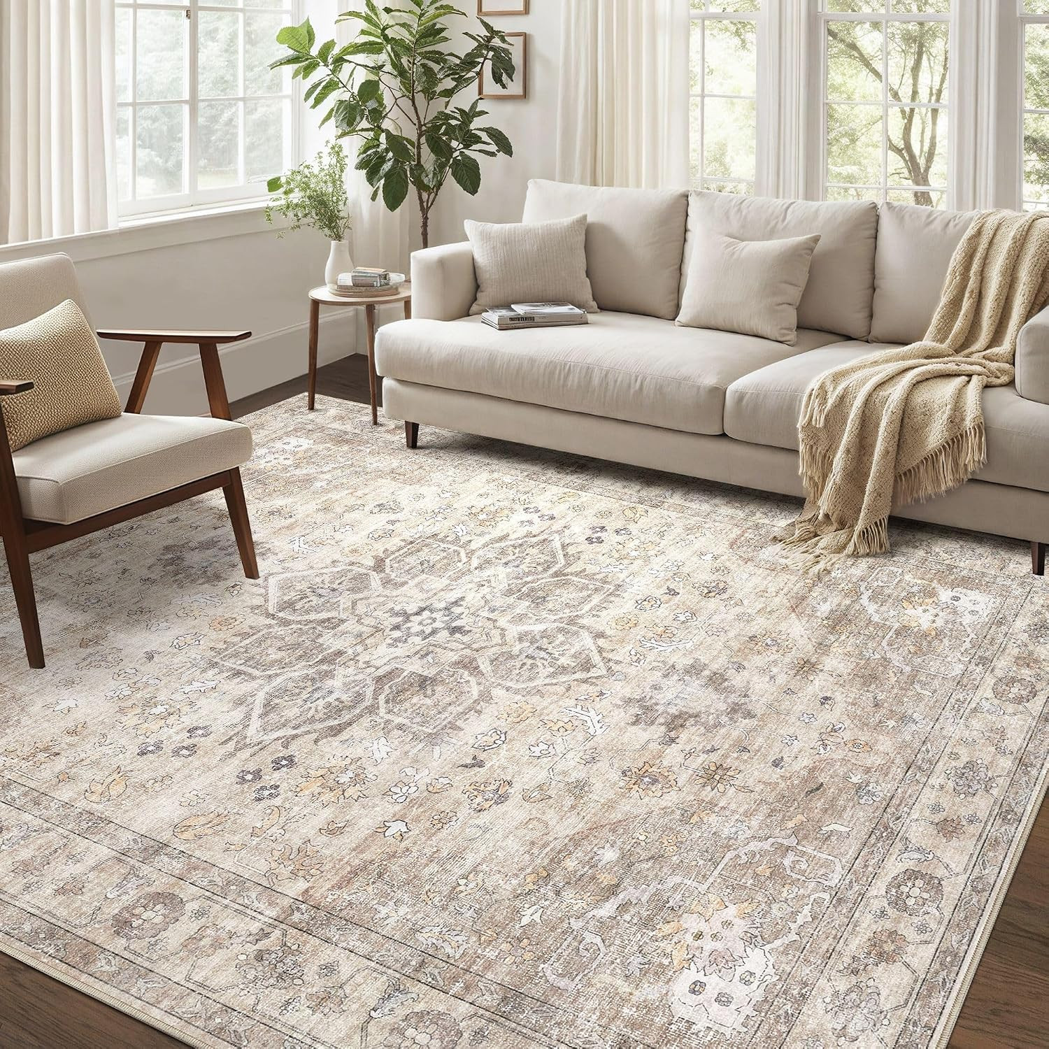Vintage 8x10 Washable Area Rugs for Living Room, Non Slip, Camel | Amazon (US)