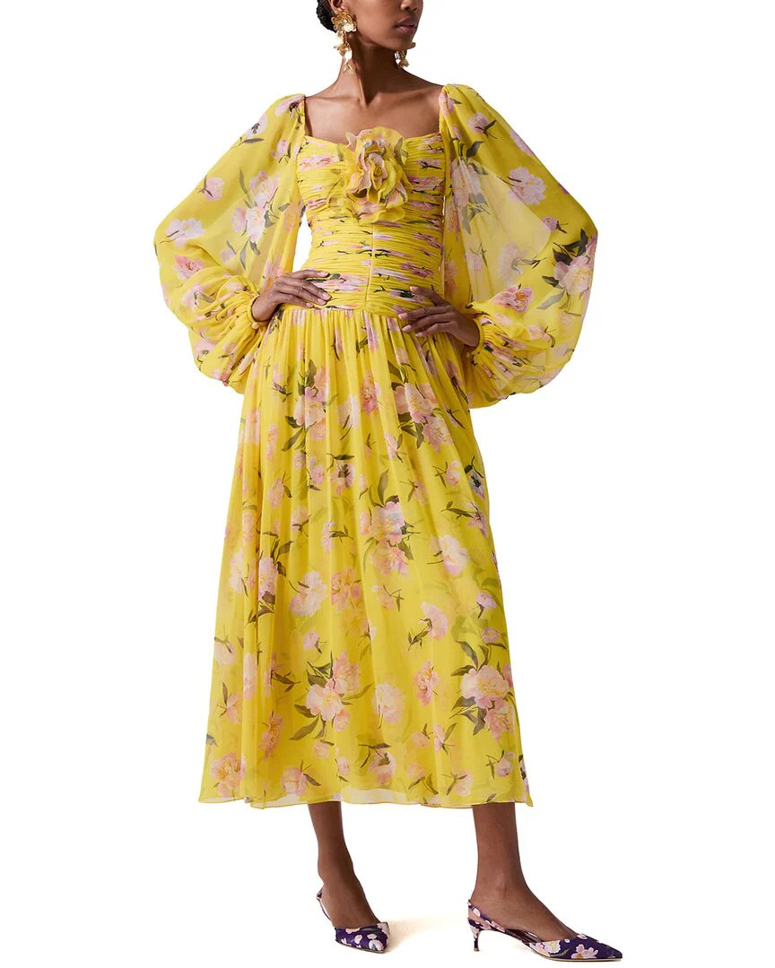 Carolina Herrera Puff Sleeve Full Gathered Silk Midi Dress | Shop Simon