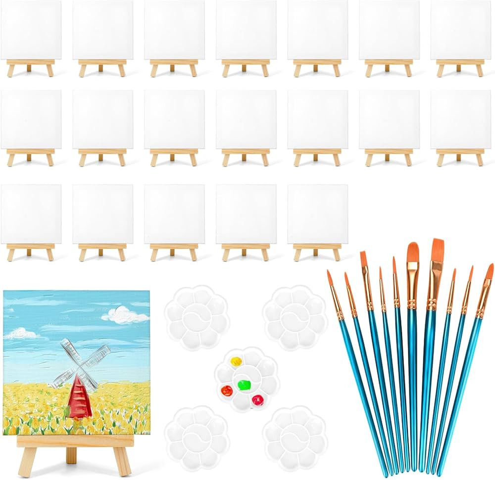 20 Pack Mini Canvases, 6x6in Small Painting Canvas Panel with Mini Easel, Art Canvas Painting Kit... | Amazon (US)