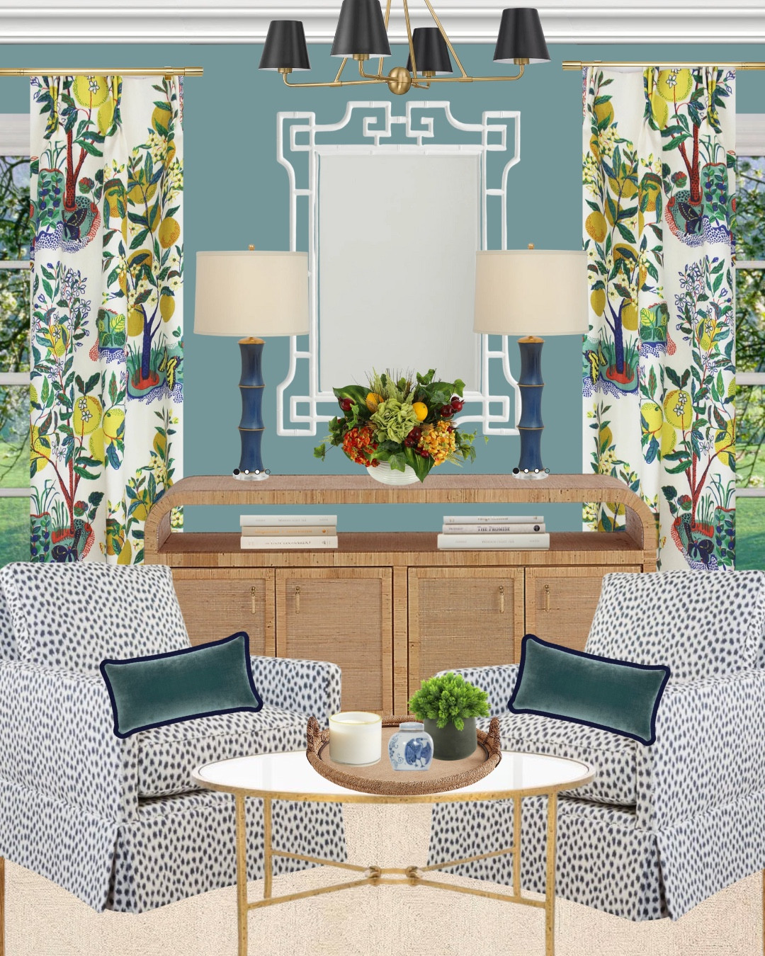 Living room inspiration, formal living room, colorful home, Schumacher citrus garden curtains, custom curtains, colorful curtains, blue bamboo lamps, rattan sideboard, rattan console, white bamboo mirror, black and gold chandelier, teal pillows, animal print chair, blue and white chair, bass coffee table, rattan tray, Lafco candle, faux hydrangea arrangement, ivory jute rug, blue and white ginger jar


#LTKSaleAlert #LTKHome #LTKCyberWeek