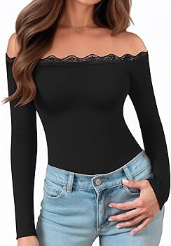 MANGOPOP Women's Off The Shoulder Long Sleeve Bodysuit Lace Body Suits Sexy Tops Fall Outfit 2025 | Amazon (US)