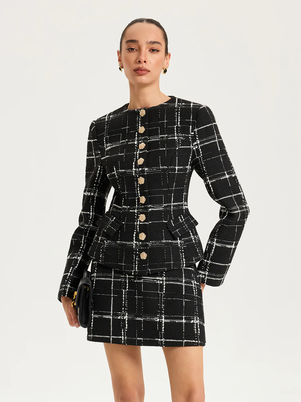 Tweed Plaid Metal-Button Blazer | Commense