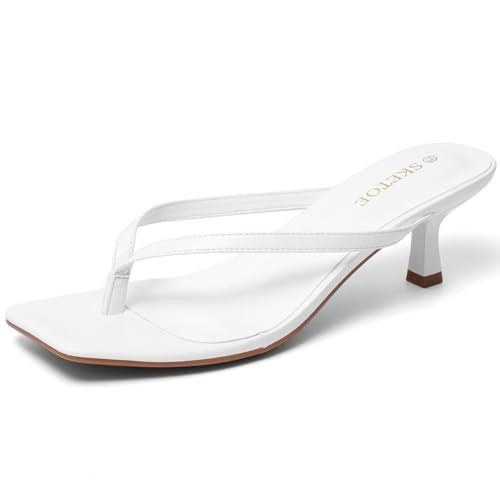SKETOE Kitten Heels for Women Square Toe Sandals Flip Flop Heels Thong Sandals Comfortable Summer 2 Inch Heels Sandals White | Amazon (US)