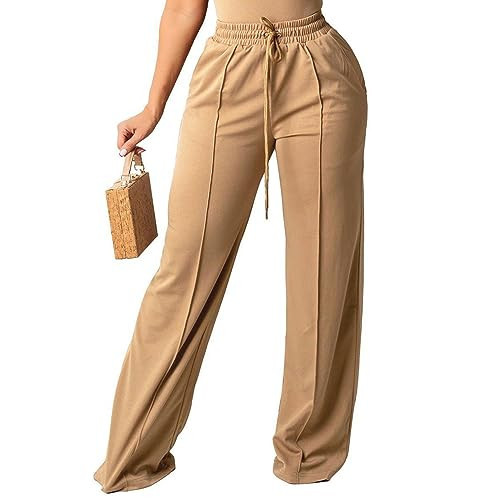 PINSV Women's Casual Wide Leg Pants High Waisted Drawstring Baggy Sweatpants Elastic Straight Leg Lounge Pants Khaki M | Amazon (US)
