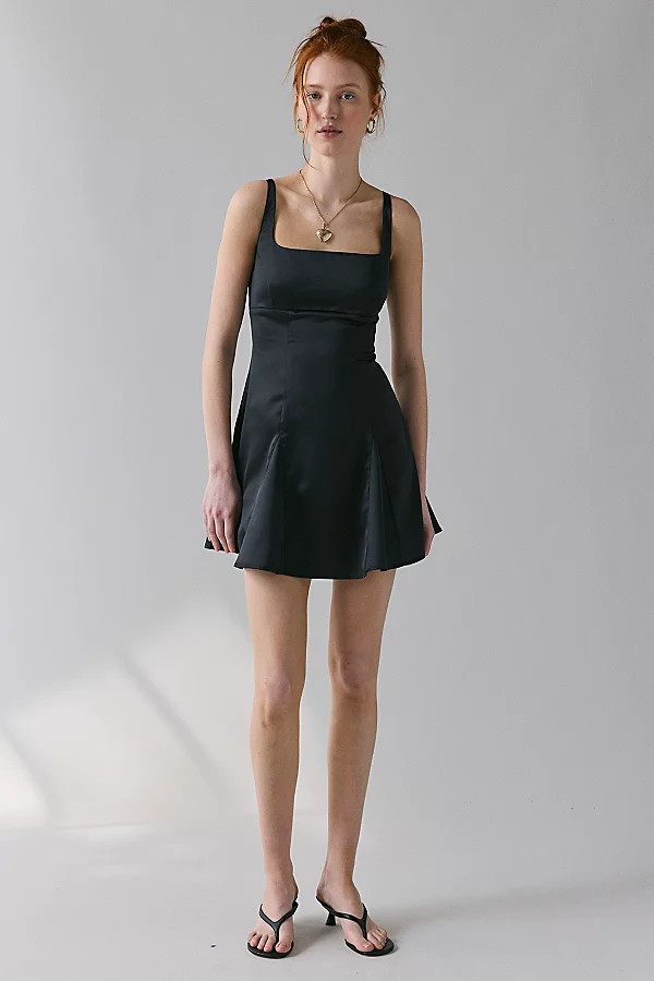 Urban Outfitters UO Liv Satin Fit-And-Flare Keyhole Open Back Mini Dress in Black, Women's at Urban Outfitters | Urban Outfitters (US and RoW)