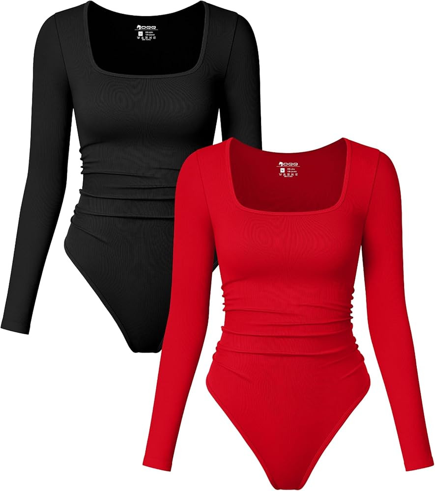 OQQ Womens 2 Piece Bodysuits Long Sleeve Square Neck Ruched Stretch Fitted Bodysuits | Amazon (US)