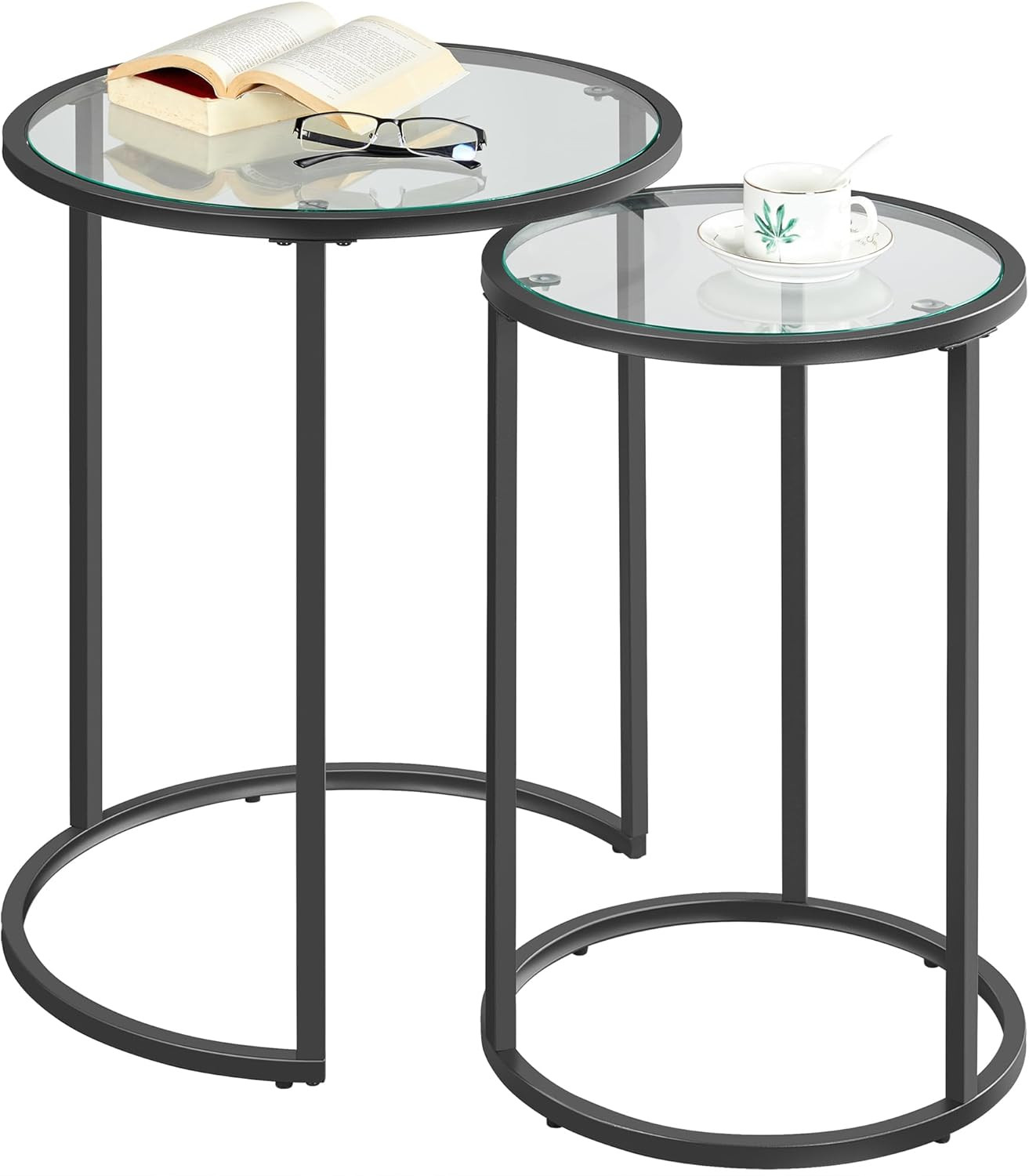 Yaheetech Round Nesting End Table Set of 2,Stacking Side Tables,Coffee Tables Set w/Metal Frame & Glass Top & Protective Foot Pads for Small Space, Living Room, Office- Black | Amazon (US)