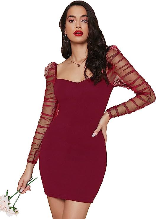 Floerns Women's Ruched Sheer Mesh Long Sleeve Sweetheart Neck Bodycon Mini Dress | Amazon (US)