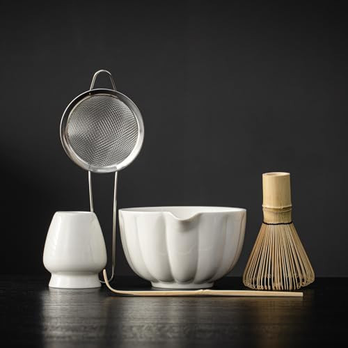 SFTXEY Matcha Whisk Set, Matcha Bowl with Spout, Matcha Whisk, Chasen Holder, Sifter, Bamboo Scoop - 5 Pcs Perfect Matcha Making Kit for Matcha Lover and Tea Ceremony (Pearl White) | Amazon (US)