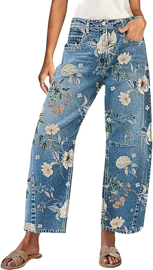Women Boyfriend Floral Print Baggy Barrel Jeans Cargo Denim Pants Y2k Patchwork Mid Rise Printed ... | Amazon (US)