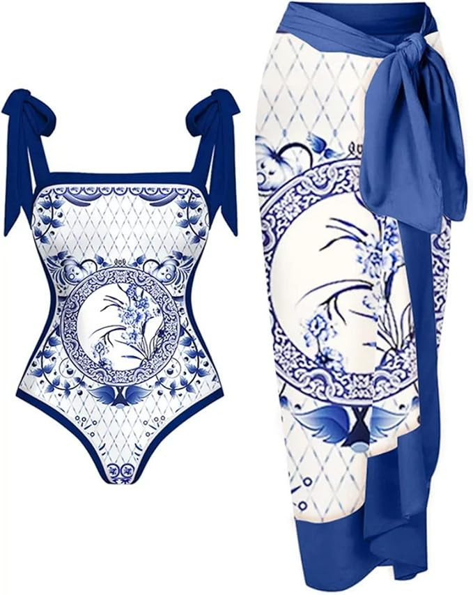 Women Swimsuit Cover Up Set One Piece Bathing Suits with Beach Wrap Skirt Tie Shoulder Tummy Cont... | Amazon (US)