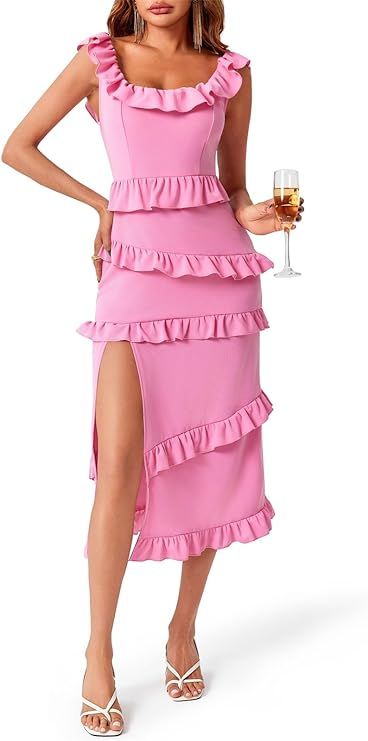 Fisoew Womens Ruffled Formal Dress Party Sleeveless Side Slit Square Neck Wedding Guest Bridemaid... | Amazon (US)