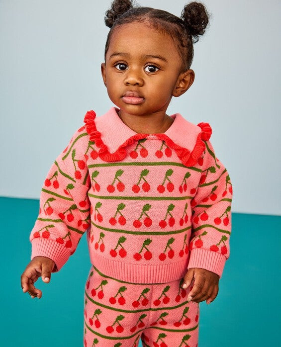 Girls' Pink Cherry Stripes Collared Sweater Set in 100% Cotton - Size Baby 6-12 mos by Hanna Andersson | Hanna Andersson