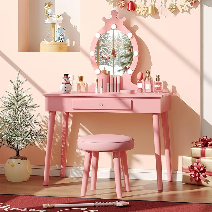 Vabches Kids Vanity with Lights, Vanity Set with Mirror and Stool, Wooden Makeup Dressing Princes... | Amazon (US)