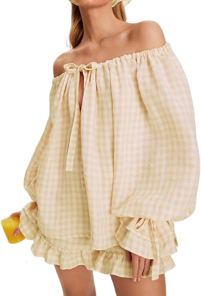 ROAONOCOMO Women Ruffle Pajama Set Long Puff Sleeve Babydoll Shirt Lace Trim Coquette Shorts Set ... | Amazon (US)