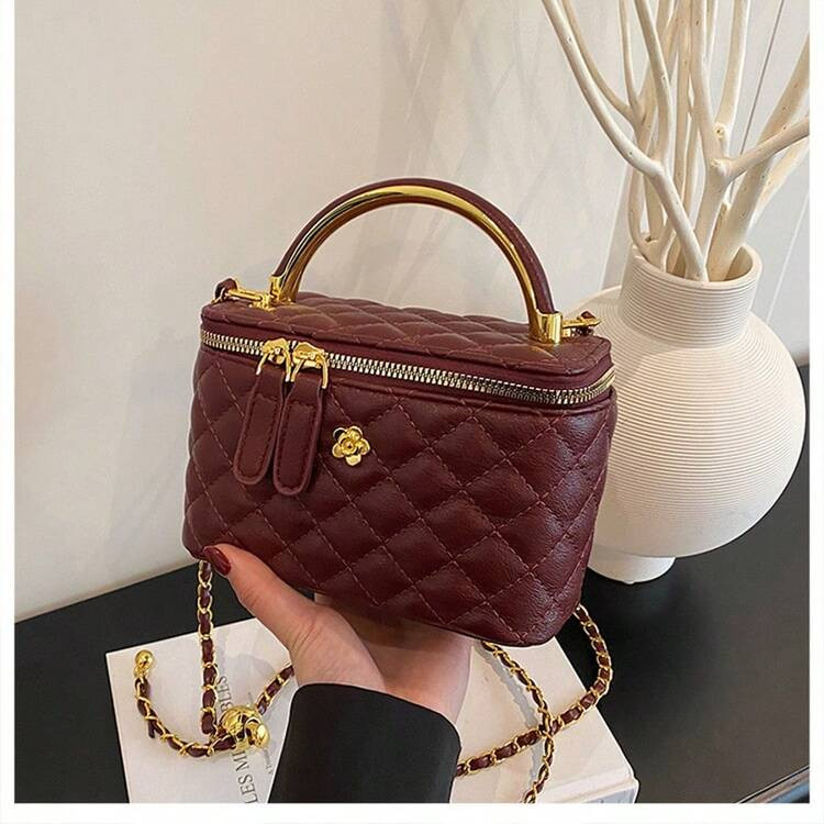 1pc Black Casual Versatile Handheld Small Square Bag, Fashionable Embroidered Checkered Fabric, S... | SHEIN