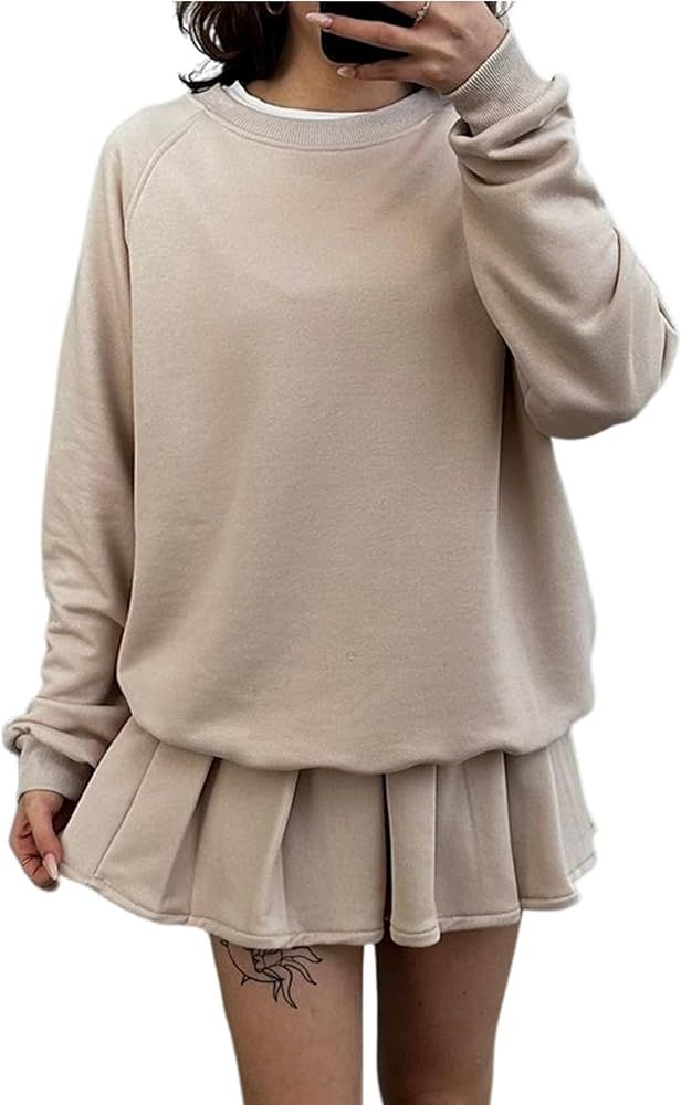 Womens 2 Piece Outfits Summer Sweatshirt Long Sleeve Pullover Pleated Skirt Sets Loungewear | Amazon (US)