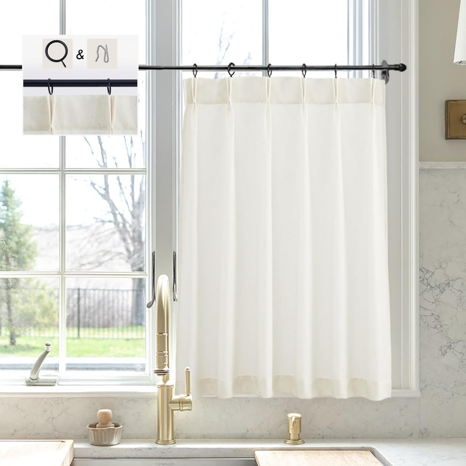 Natural Linen Kitchen Curtains 30" W x 30" L Pinch Pleat Cafe Curtains 1 Panels | Amazon (US)