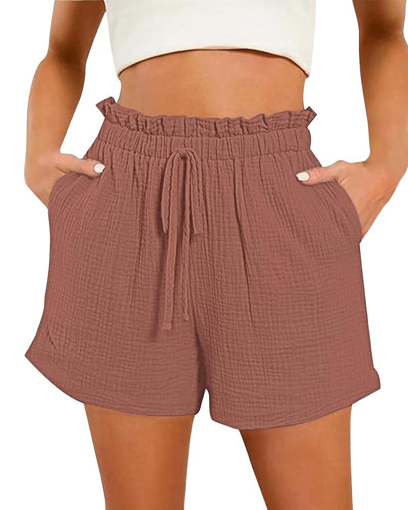 Bsubseach Shorts for Women Cotton Wide Leg Drawstring Shorts with Pocket Summer Casual Ruffle Wom... | Amazon (US)