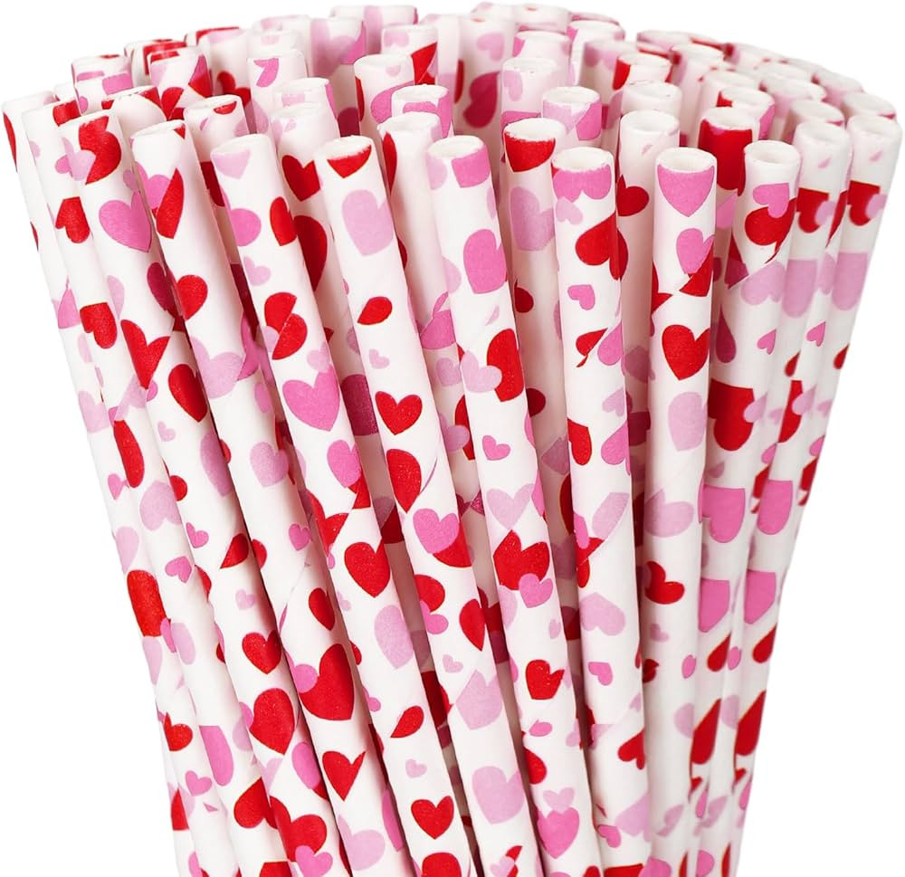 200Pcs Valentine Paper Straws Red Pink Love Heart Disposable Drinking Straws For Wedding Birthday... | Amazon (US)