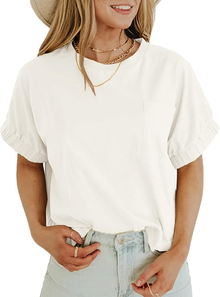 Women's Short Sleeve T Shirts Crewneck Summer Cropped Top Casual Basic Tees with Pocket | Amazon (US)