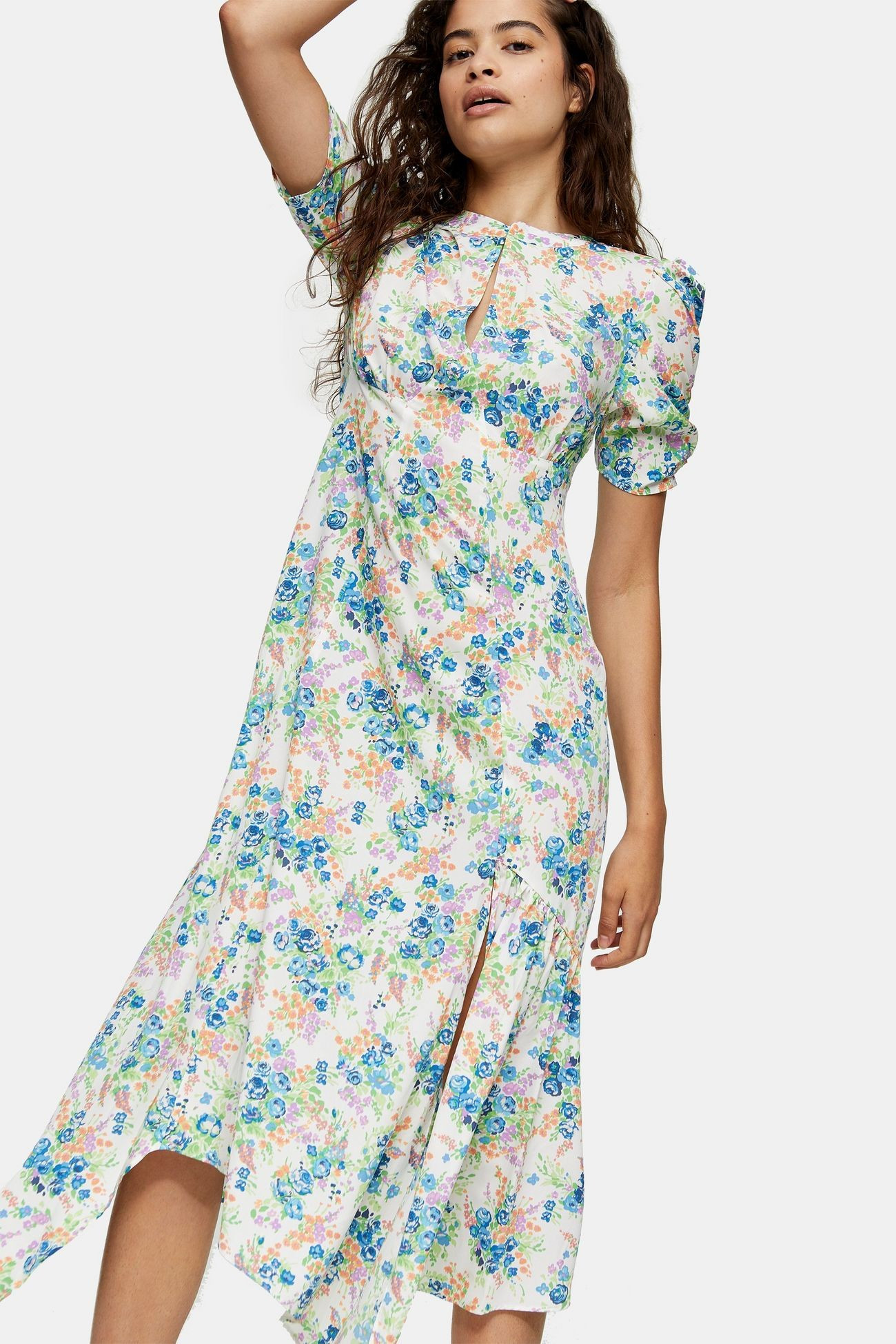 Ivory Floral Ruched Sleeve Midi Dress | Topshop UK