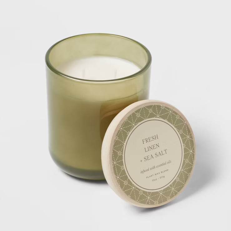 11oz Large Round Bottom Glass with Lid Candle Fresh Linen & Sea Salt Green - Threshold™ | Target