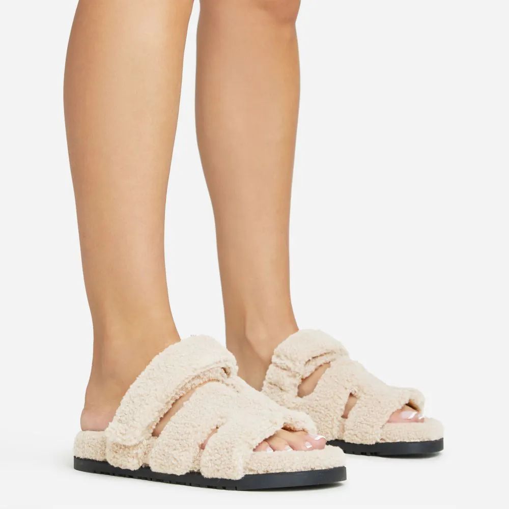 Bratitude Gladiator Velcro Strap Flat Slider Sandal In Cream Faux Shearling | EGO Shoes (US & Canada)