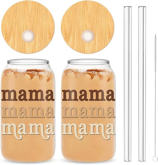 Whaline Gifts for Mother from Daughter Boho Mama Drinking Glasses with Bamboo Lids and Straw 2Pcs... | Amazon (US)
